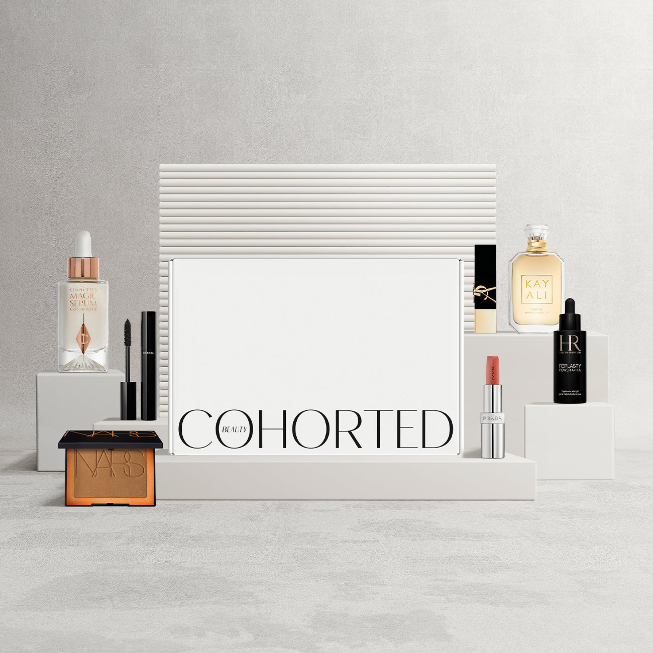 Cohorted luxury beauty boxes featuring premium full-size beauty products