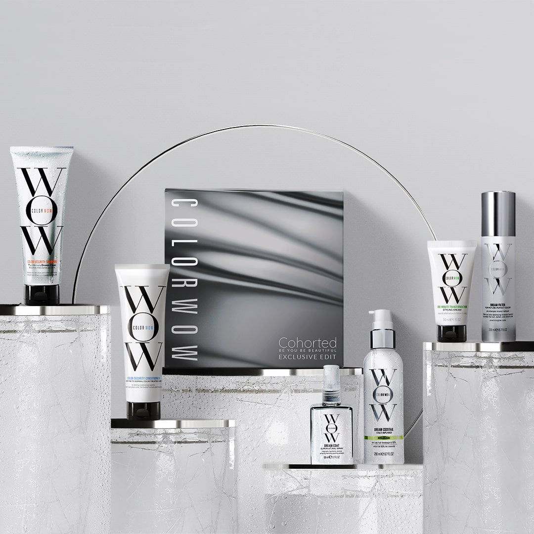 Color Wow Beauty Box gift set with assorted hair care products from Cohorted, featuring vibrant packaging and diverse product sizes.