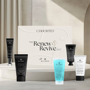 Skincare product set with 'Avant' and 'Cohorted' branding on a neutral background. Avant Skincare, Cohorted, beauty box, UK, gift, for her, Renew and Revive, luxury skincare. 