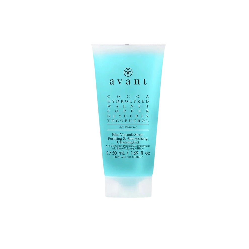 Tube of Avant cleansing gel on a white background. Blue Volcanic Stone Purifying & Antioxidising Cleansing Gel