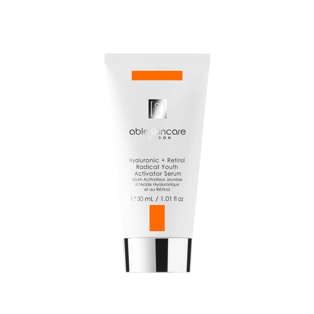 Cohorted, Subscription, Beauty Box, Able Skincare Skin Detox Beauty Box featuring luxury skincare products including moisturiser, hyaluronic serum, retinol serum, eye serum, primer and exfoliator. Hyaluronic + Retinol Radical Youth Activator Serum