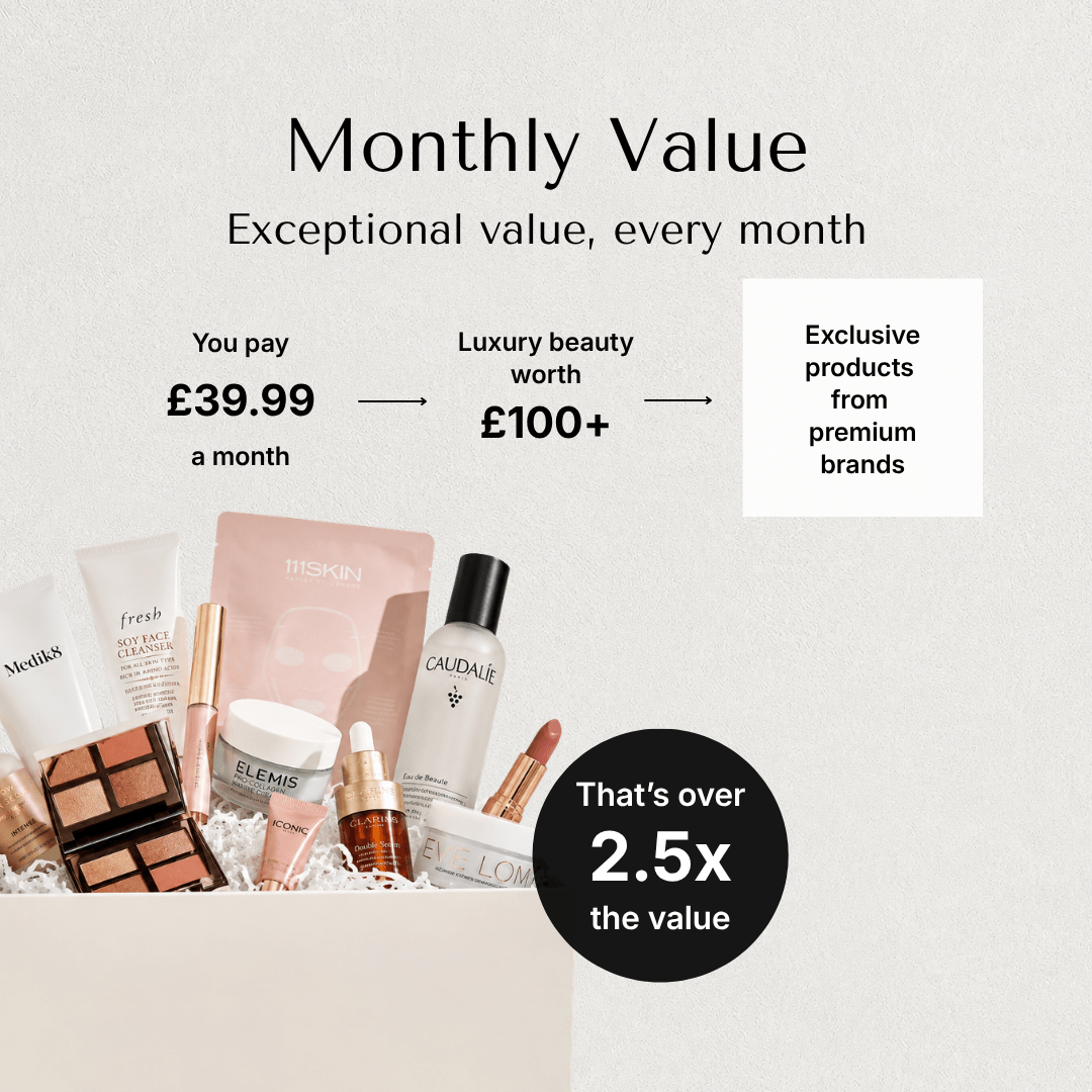 Subscription beauty box, monthly value, premium brands, exclusive skincare, makeup, haircare, uk, gift