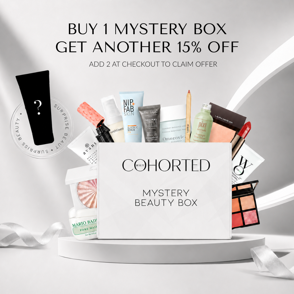 Cohorted Mystery Beauty Box gift set with assorted skincare and makeup products in a sleek box, mystery beauty box, beauty boxes, 15% off
