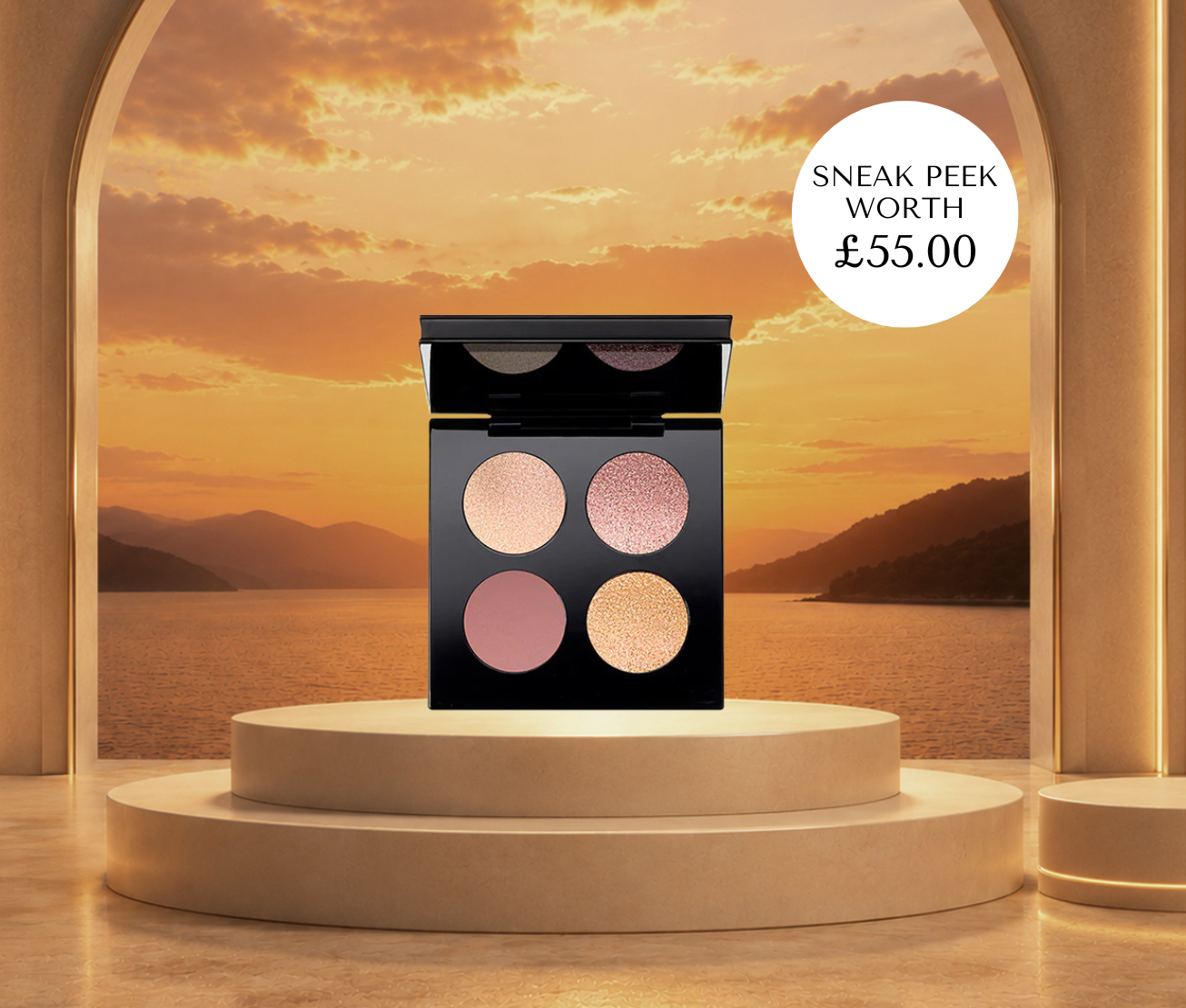 Makeup palette on a pedestal with a scenic background, Cohorted subscription beauty box, beauty boxes, makeup, skincare, haircare, beauty, fragrance, free gift, sneak peek, Pat McGrath Labs, golden hour, Celestial Odyssey Luxe Quad New York Edition - Bronze Borealis