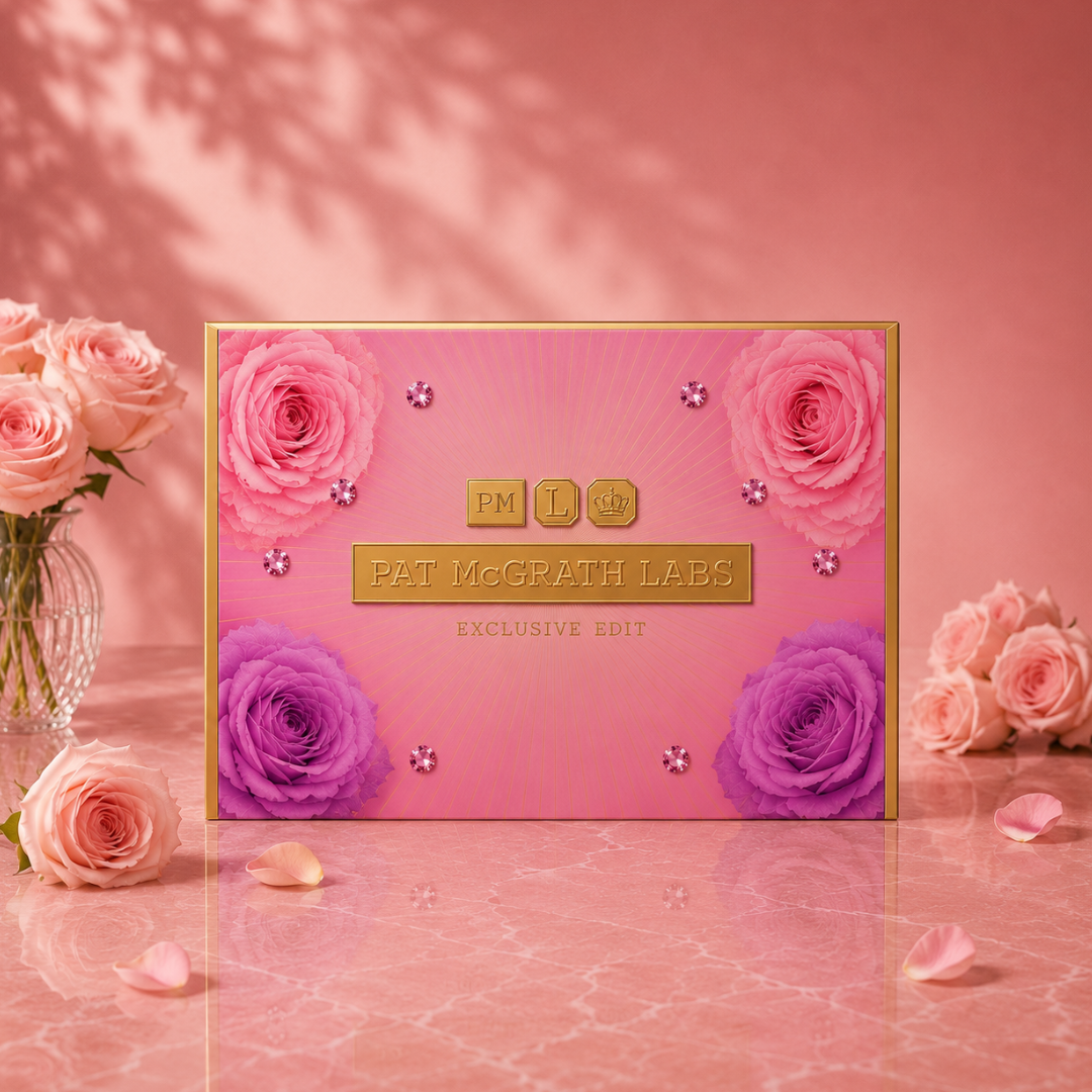 Cohorted x Pat McGrath Labs Exclusive Beauty Box featuring luxury pink floral packaging in a premium studio setting