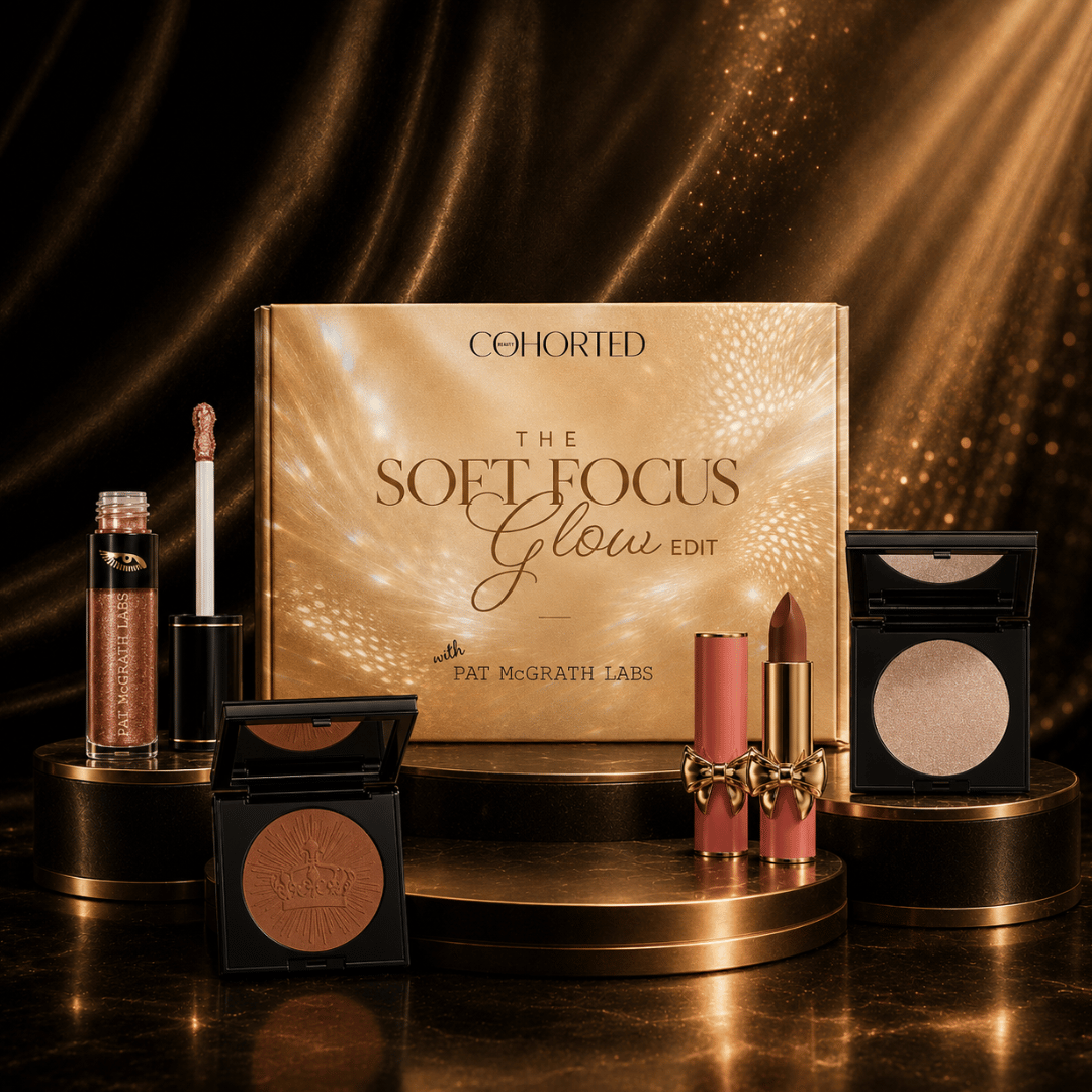 Cohorted Beauty, Pat McGrath Soft Focus Glow Beauty Box featuring highlighter, bronzer, lipstick and liquid eyeshadow worth £144.