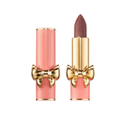 Cohorted, Pat Mcgrath beauty box. A pink and gold lipstick shown open, with the cap standing beside it on a clean white background. The lipstick bullet is a muted mauve-brown shade, and both cases feature a shiny gold bow detail. Pat McGrath SatinAllure Lipstick 651 In The Flesh